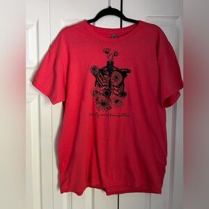 Gildan Pink/orange Tee with Black Floral Skeleton Design